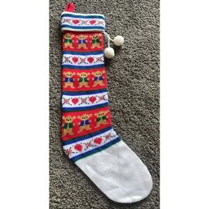 VTG 1985 Kurt Adler Skinny Christmas Stocking Knit PomPom with Hearts & Bears